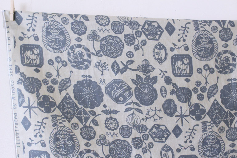 リネンプリント 花図案の吹き寄 グリーン